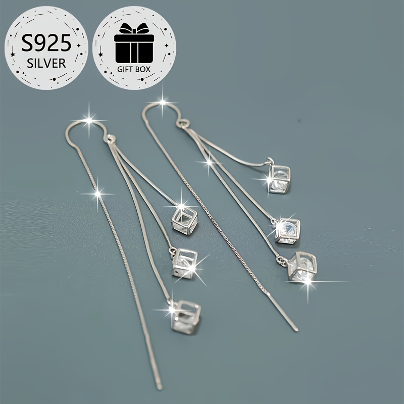 925 Silver Tassel Three Cube Drop Earrings for Women
